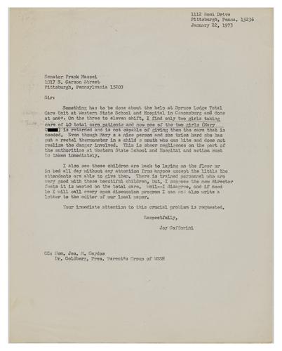 Letter from Joy Gafforini to Senator Frank Mazzei