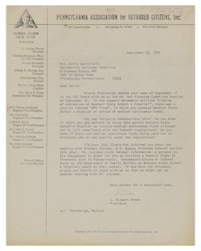 Letter from L. Steuart Brown to Sally Hollyfield