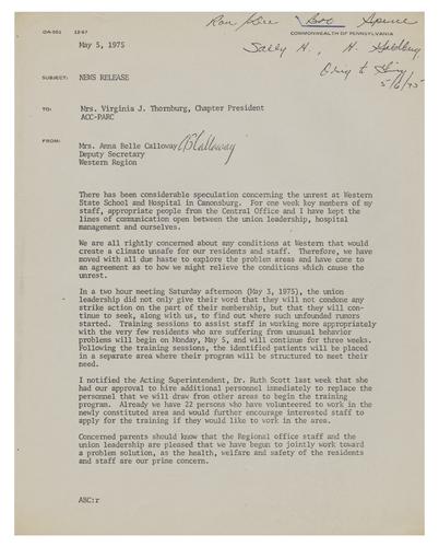 Memo from Anna Belle Calloway to Virginia Thornburgh