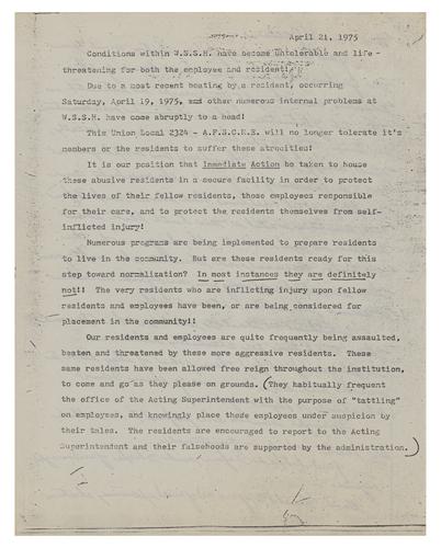 Statement by Western State School and Hospital Staff During Strike