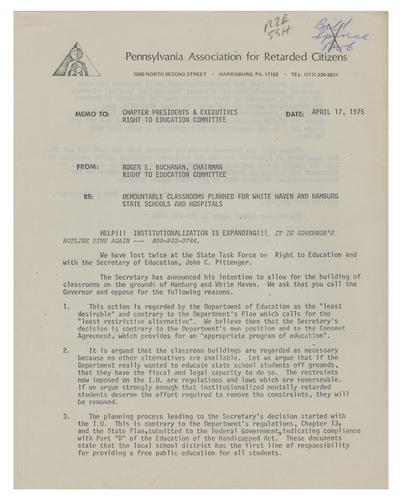 Demountable Classrooms Planned for White Haven and Hamburg State Schools and Hospitals Memo