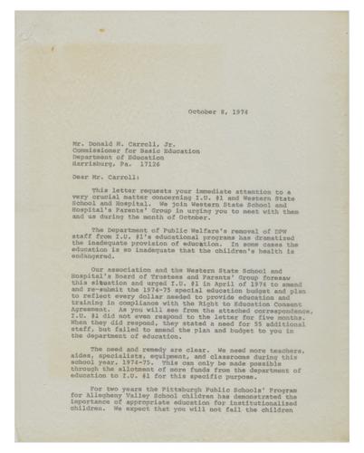 Letter from Virginia Thornburgh to Donald Carroll Regarding Education at Western State School and Hospital