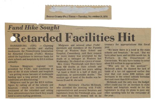 "Fund Hike Sought: Retarded Facilities Hit" Article
