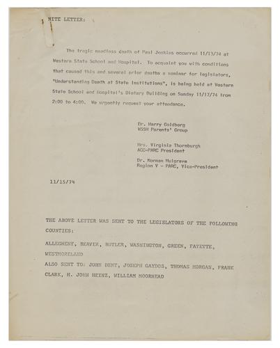 "Understanding Death at State Institutions" Letter