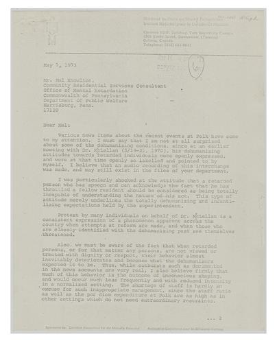 Letter from Wolf Wolfensberger to Mel Knowlton