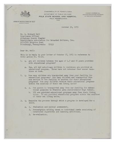 Letter from Joseph Colombatto to Richard Sell Regarding Polk State School and Hospital Right to Education