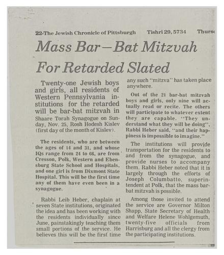 "Mass Bar-Bat Mitzvah for Retarded Slated" Article