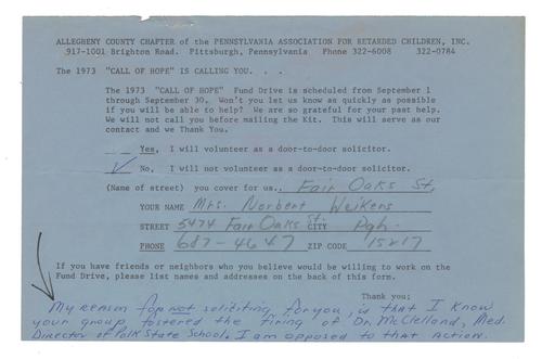 Mrs. Weikers "Call of Hope" Volunteering Response