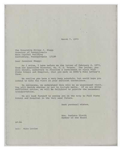 Letter from Barbara Sistik to Governor Milton Shapp Requesting Visit to Polk State School and Hospital