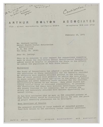 Letter from Arthur Bolton to Richard Loring Regarding the Polk Dispersal Project