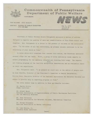 Department of Public Welfare News Release Regarding Polk State School and Hospital