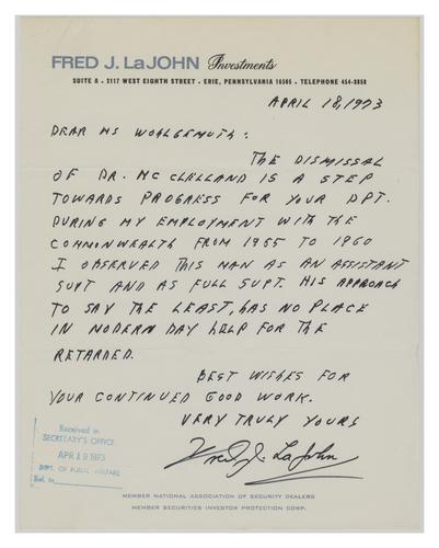 Letter from Fred LaJohn to Helene Wohlgemuth