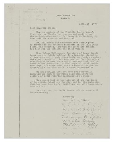 Letter from the Franklin Junior Woman's Club to Milton Shapp