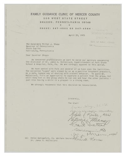 Letter from Family Guidance Clinic of Mercer County to Milton Shapp