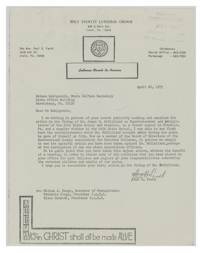 Letter from Paul E. Fauth to Helene Wohlgemuth