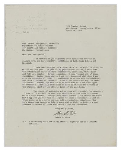 Letter from Louis G. Mete to Helene Wohlgemuth