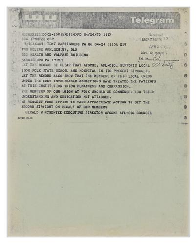 Telegram from Gerald McGentee to Helene Wohlgemuth