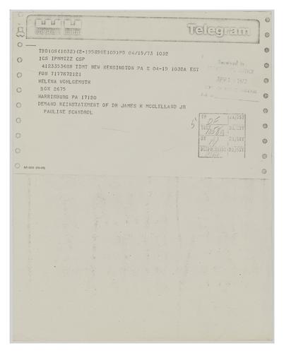 Telegram from Pauline Scandrol to Helene Wohlgemuth
