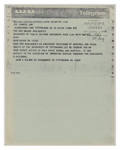 Telegram from John A. Wilson to Helene Wohlgemuth