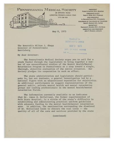 Letter from Robert Sanford to Governor Milton Shapp