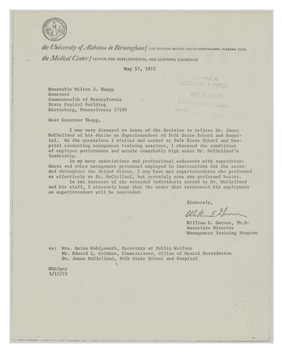 Letter from William Garove to Governor Milton Shapp