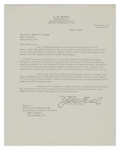 Letter from J. G. McGill to Milton Shapp
