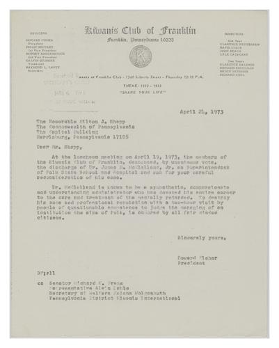 Letter from Howard Fisher to Milton Shapp