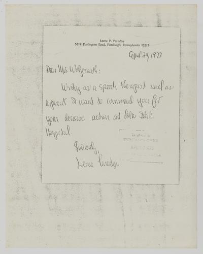 Letter from Leone Paradise to Helene Wohlgemuth