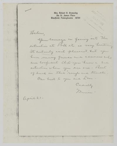 Letter from Marian Bromeley to Helene Wohlgemuth