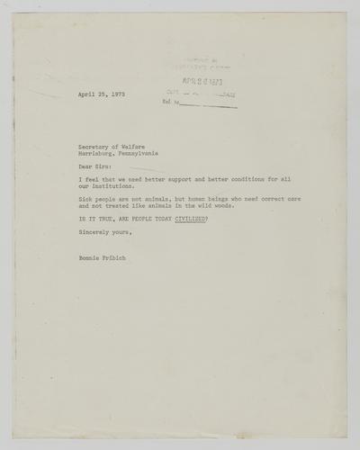 Letter from Bonnie Pribich to Helene Wohlgemuth