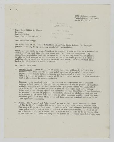 Letter from Eugene and Marilyn Witherup to Milton Shapp