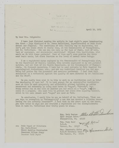 Letter from Three Nurses to Helene Wohlgemuth