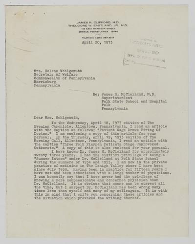 Letter from Dr. James Clifford to Helene Wohlgemuth