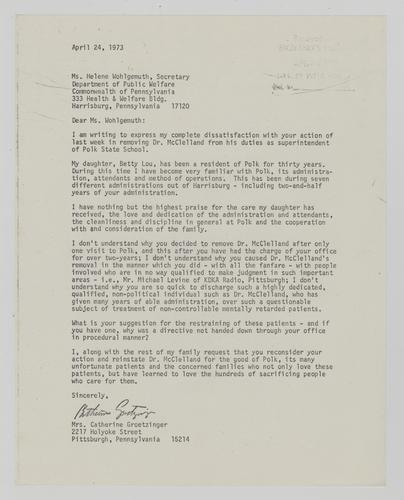 Letter from Catherine Groetzinger to Helene Wohlgemuth