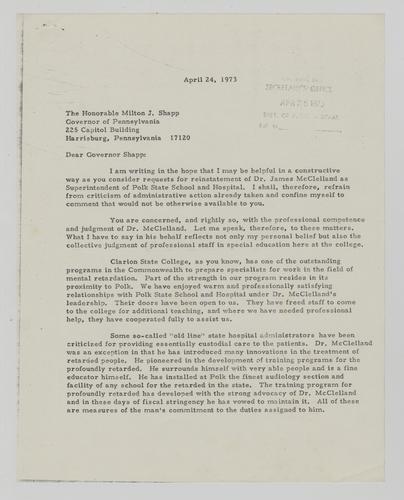 Letter from James Gemmell to Milton Shapp