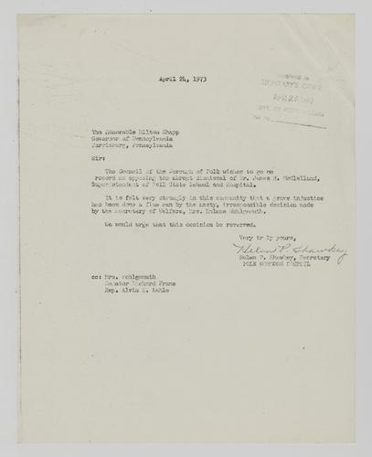 Letter from Helen Shawkey to Milton Shapp