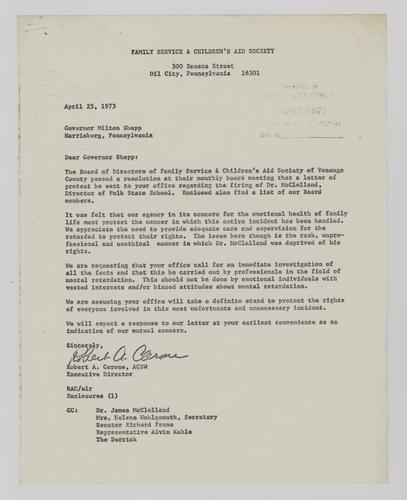 Letter from Robert Carone to Milton Shapp