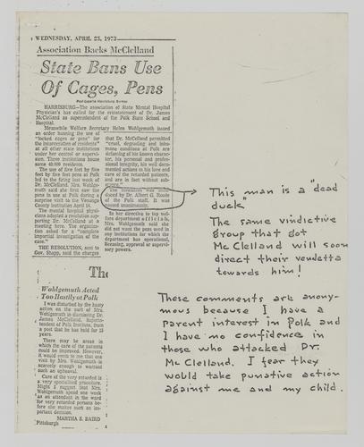 "Association Backs McClelland: State Bans Use of Cages, Pens" Article