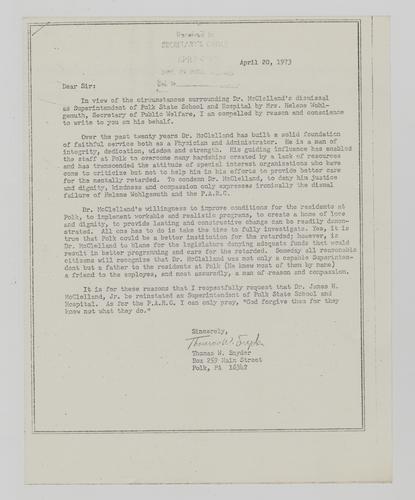 Letter from Thomas Snyder to the Department of Public Welfare