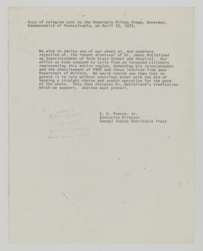Copy of a Telegram from E. G. Pearce Jr. to Milton Shapp