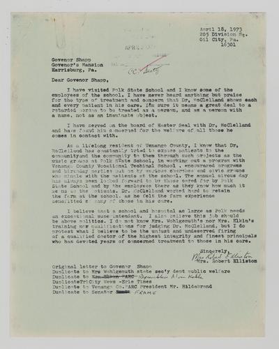 Letter from Mrs. Elliston to Milton Shapp