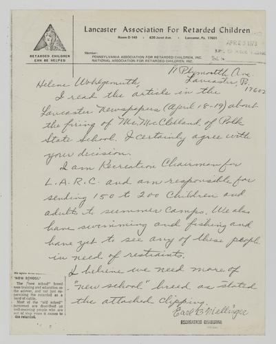 Letter from Earl Nielliger to Helene Wohlgemuth