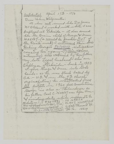 Letter from Elma Harvey to Helene Wohlgemuth