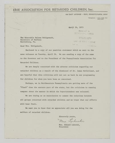 Erie Association for Retarded Children Statement on the Dismissal of Dr. James McClelland