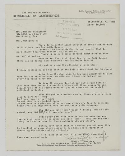 Letter from Robert Heasley to Helene Wohlgemuth