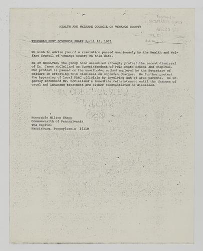 Telegram from Health and Welfare Council of Venango County to Milton Shapp