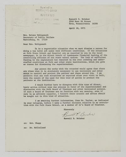 Letter from Russell Brinker to Helene Wohlgemuth