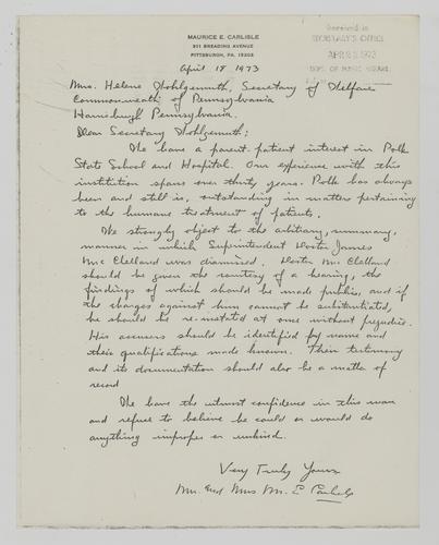 Letter from Mr. and Mrs. Carlisle to Helene Wohlgemuth