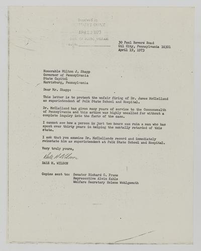 Letter from Dale Wilson to Milton Shapp