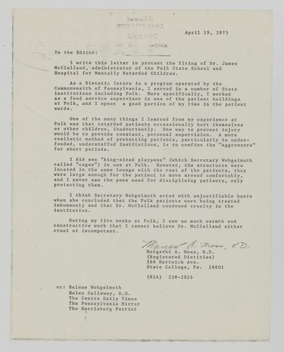 Letter to the Editor from Margaret Moss